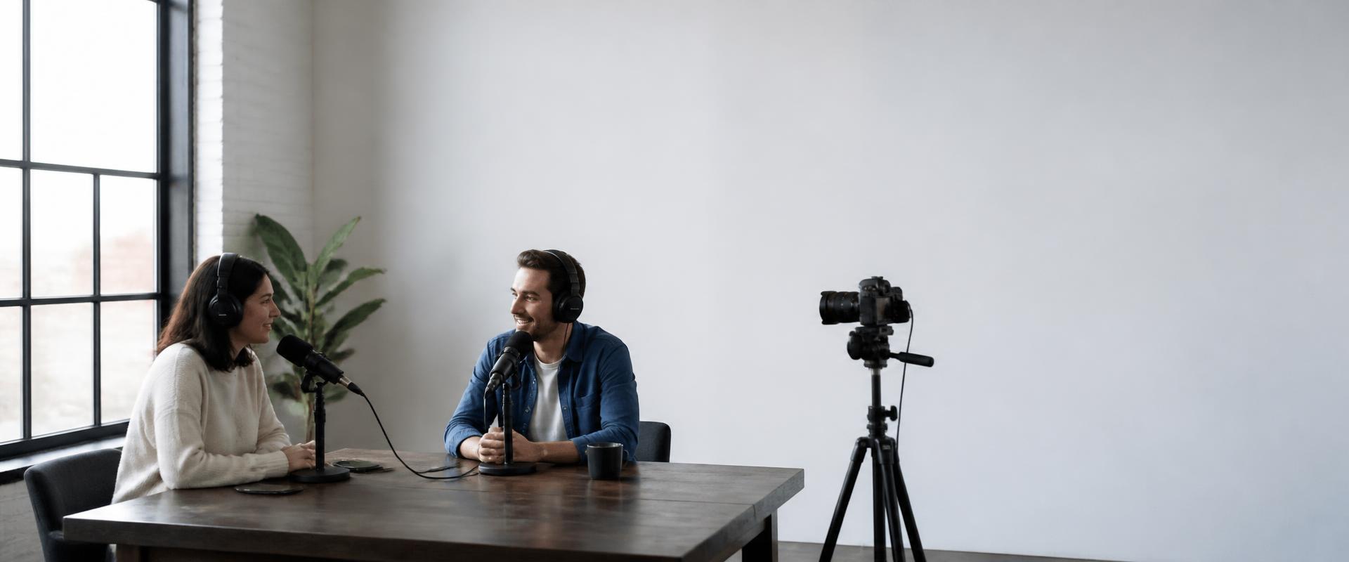 Two hosts recording an episode in a bright studio room