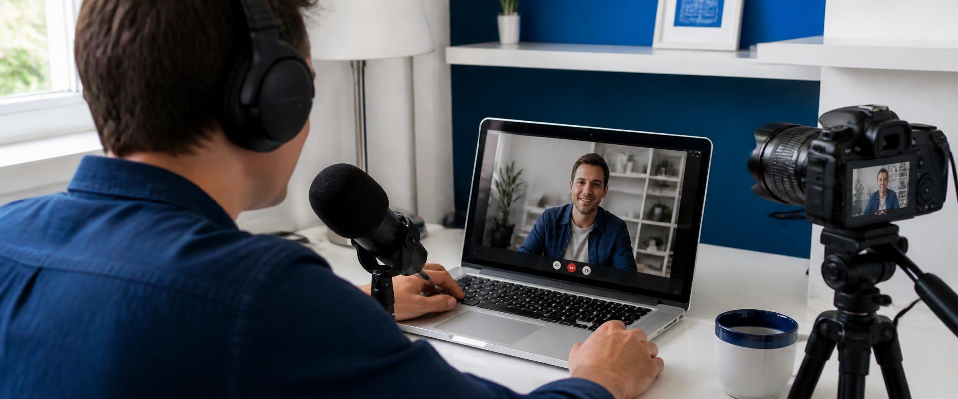 A host recording a browser-based interview with a remote guest on screen