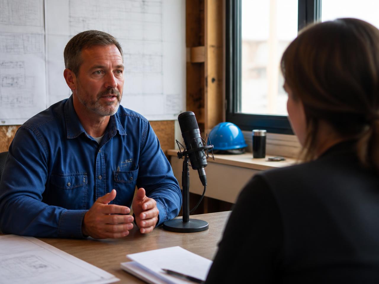 A contractor being interviewed on mic in his own job-site office