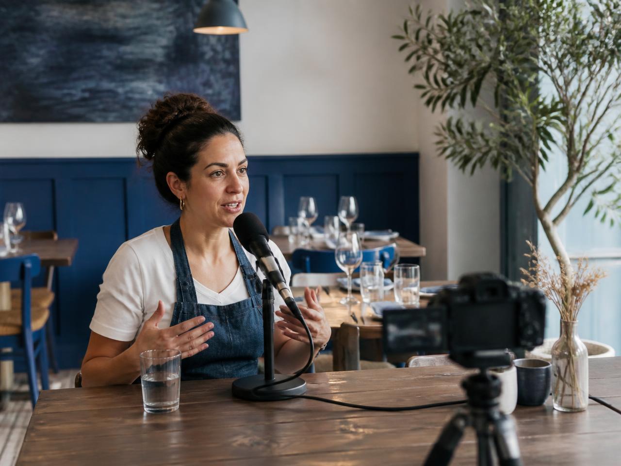 A restaurant owner recording an episode in her dining room